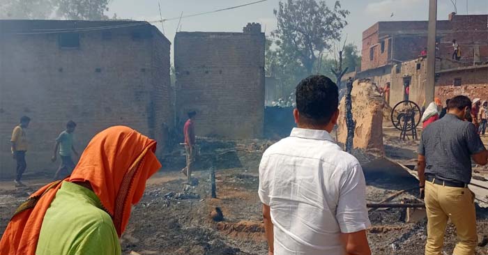 More than 40 huts of about 25 families were burnt to ashes due to fire in the cylinder while cooking.