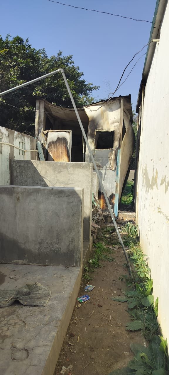 Toilet of primary school in Dubhar was set on fire by unruly elements.